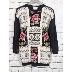 VINTAGE Hand-Knit Floral Cottage Coastal Granny Patchwork Sweater Large